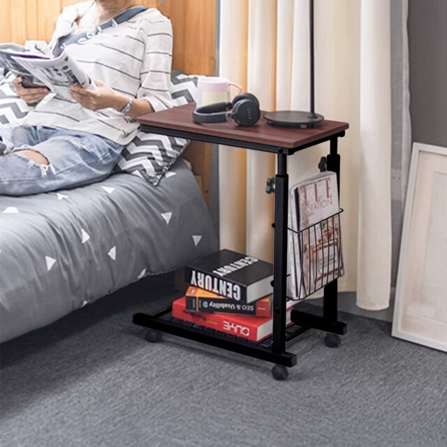 Industrial Adjustable Overbed Desk with Wire Basket