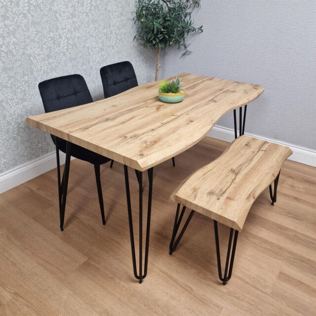 Wooden Dining Table with Bench and 2 Black Velvet Chairs
