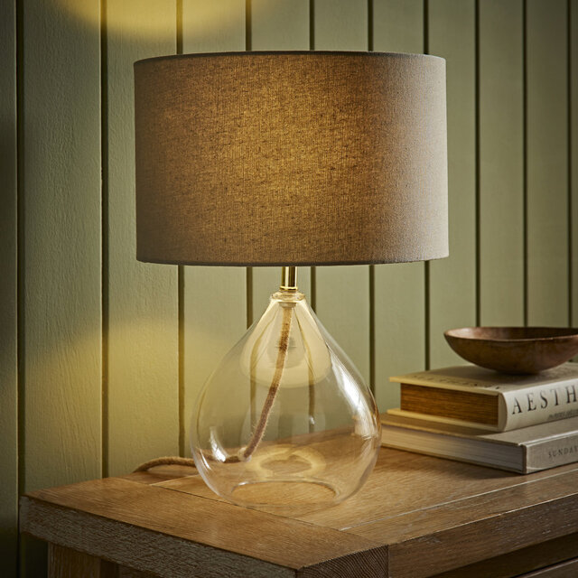 Eloise Natural Linen Drum Shade Clear Glass Teardrop Table Lamp with LED Bulb