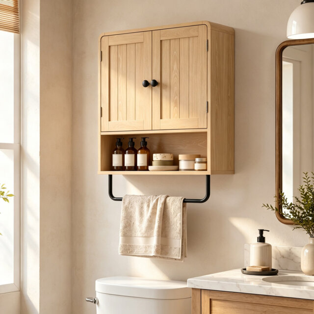 Oak Wall-Mounted Bathroom Storage Cabinet, 2 Doors Wall Cupboard with Open Shelf, Towel Bar & Adjustable Shelf, Space Saving Wall Unit for Toilet Area