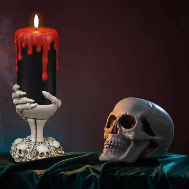 Flickering Flameless Ghost Hand Candles:4×11 Inches, Battery Operated, Black Wax, 3D Wick & Red Blood Dripping