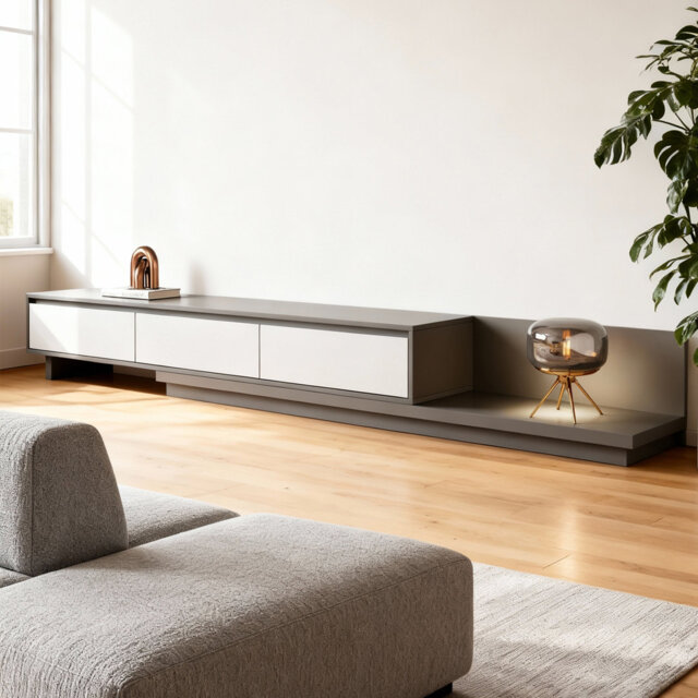 TV Stand with 3 Drawers - Extendable TV Unit 200-330cm - 3 Colour Options: Walnut, Grey, Dark Walnut - for Living Room & Bedroom（Grey）