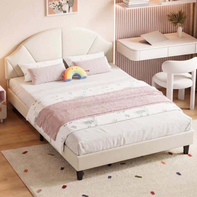 Velvet Kids Bed Frame with Fan-Shaped Upholstered Headboard