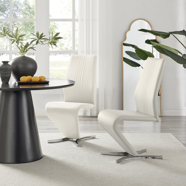 Bauko Faux Leather Chrome Legs Dining Chairs Z-Shaped Chrome Feet Modern Design