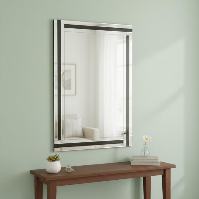 Rectangle Triple Stripes Wall Hung Mirror Glass Surface Sleek Frame Large Bordered Edges Home Decoration Silver And Black Gift Idea Hallway Aesthetic