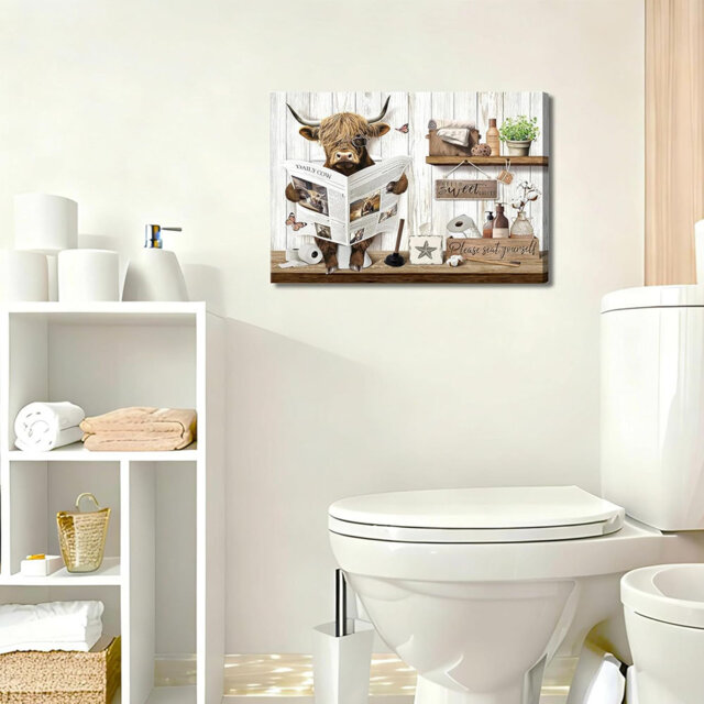 Funny Highland Cow Bathroom Wall Art Rustic Countryside Brown Cute Animal Painting Picture Wall Decor Highland Cattle Reading Newspaper On Toilet Post