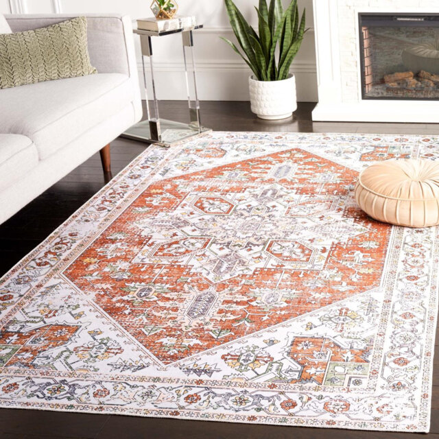 Arizona Oriental Machine Washable Non-Slip Area Rug in Ivory & Red
