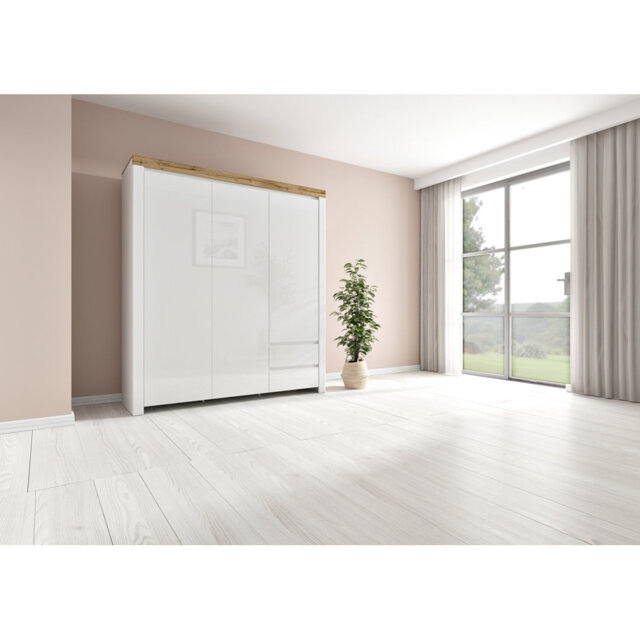 Holten 3 Door Wardrobe 181cm with Drawers, Shelves and Oak Effect Top