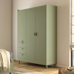 Scandi Green & Oak 3 Door Wardrobe - Modern Bedroom Storage with Drawers, Shelves & Hanging Rail