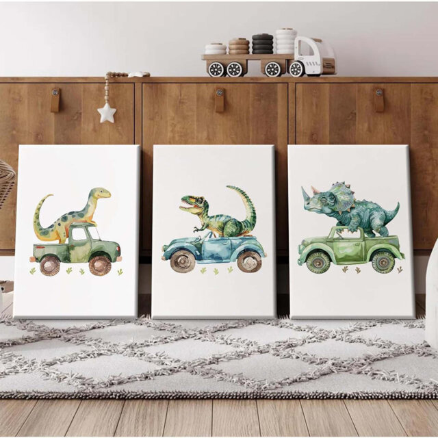 Dinosaur Nursery Wall Art Kids Canvas Poster Baby Nursery Wall Decor Dino Pictures Toddler Prints Cartoon Dino Car Painting Room Artwork For Bedroom B