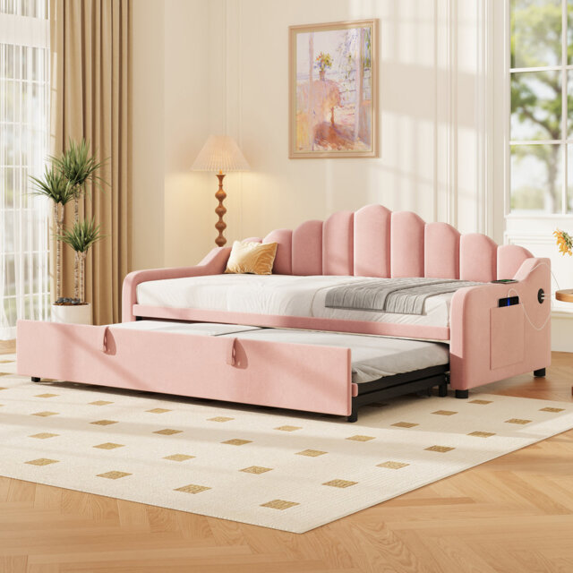 Velvet Upholstered Daybed with Pull-out Trundle with Side Charging Station & Storage Pockets (No Mattress)