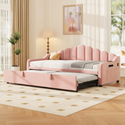 Velvet Upholstered Daybed with Pull-out Trundle with Side Charging Station & Storage Pockets (No Mattress)