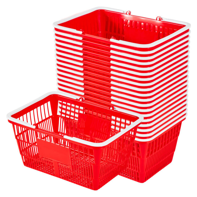 Shopping Baskets, 21L Stackable PE Plastic Grocery Baskets with Handles, Dense Mesh Structure, Holds up to 9.07kg, Portable for Grocery, Retail, Store