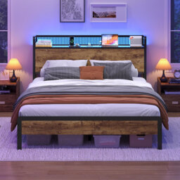 Bed Frame with LED & USB Ports, Metal Platform Bed with Storage Headboard, Brown