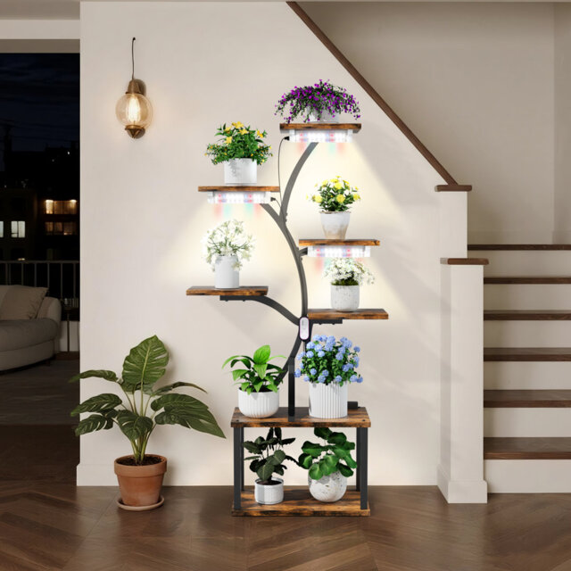 Plant Stand With Grow Lights Flower Holder Tree Shaped Bonsai Organizer Rack