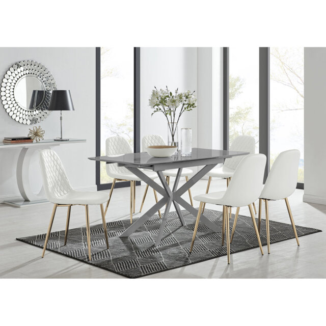 Eubanks Modern High Gloss Extendable Dining Table Set with x6 Luxury Faux Leather Dining Chairs