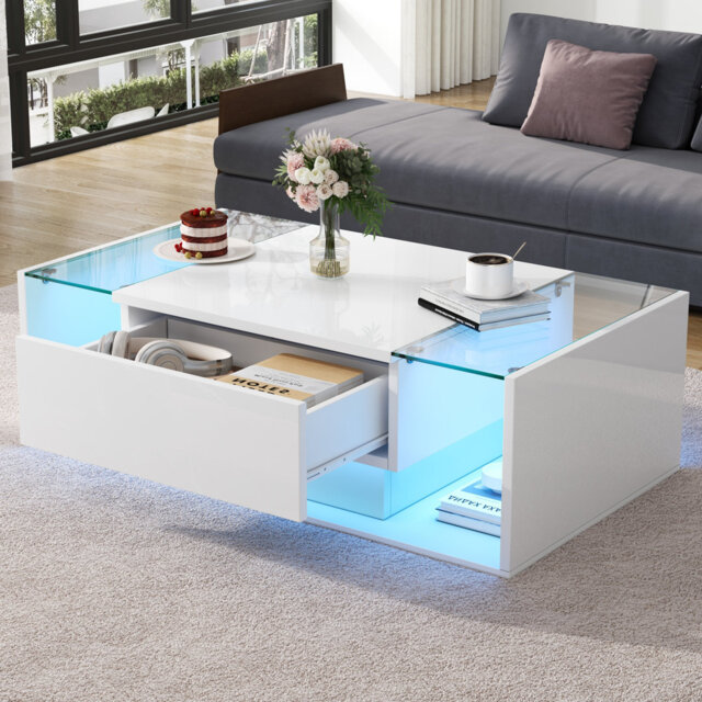 Coffee Table With App-Controlled Led Lights - 1 Drawer, Tempered Glass, 100X50X31Cm