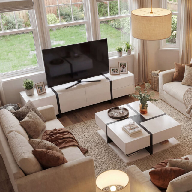 Black & White Tv Stand & Square Coffee Table Set - High-gloss Finish, Storage Drawers, Modern Style