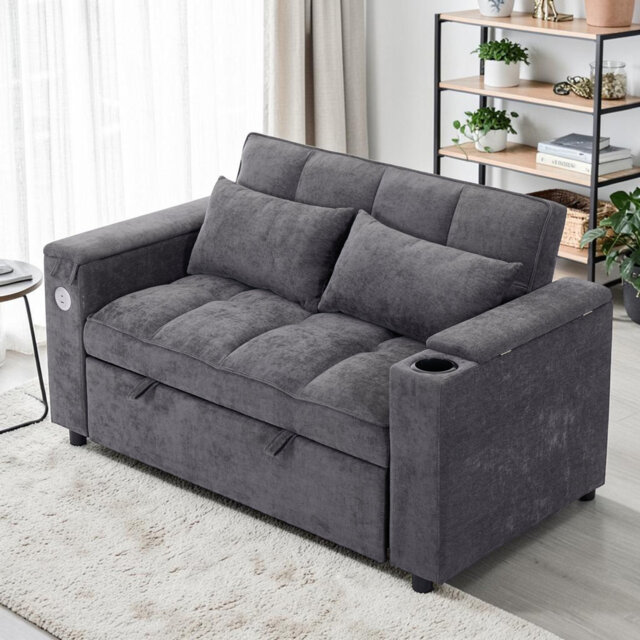 Beige Non-woven Fabric 2 Seater Click Clack Sofa Bed, Pull Out Sofa Bed, Futon Sofa Recliner, with Cup Holders and Hidden table, USB & Type-C, 3-Gear