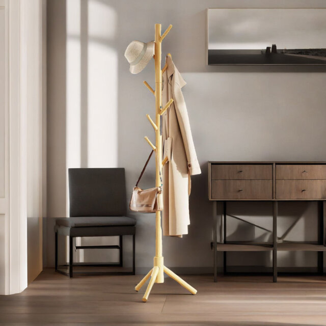 8 - Hook Wooden Coat Stand With Adjustable Height Hallway Entryway Furniture