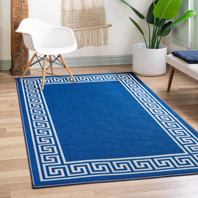 Greek-Key Blue Cream Non-Slip Polypropylene Area Rug — Washable Door Mat & Hallway Runner for Living Room, Kitchen & Bedroom