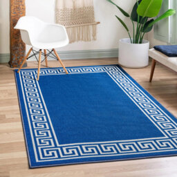 Greek-Key Blue Cream Non-Slip Polypropylene Area Rug — Washable Door Mat & Hallway Runner for Living Room, Kitchen & Bedroom