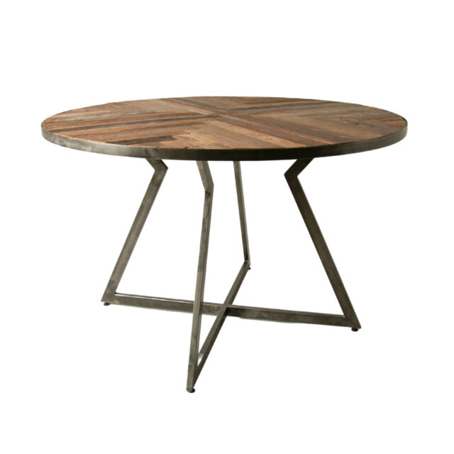 Teak Round Solid Wood Top Metal Base Dining Table