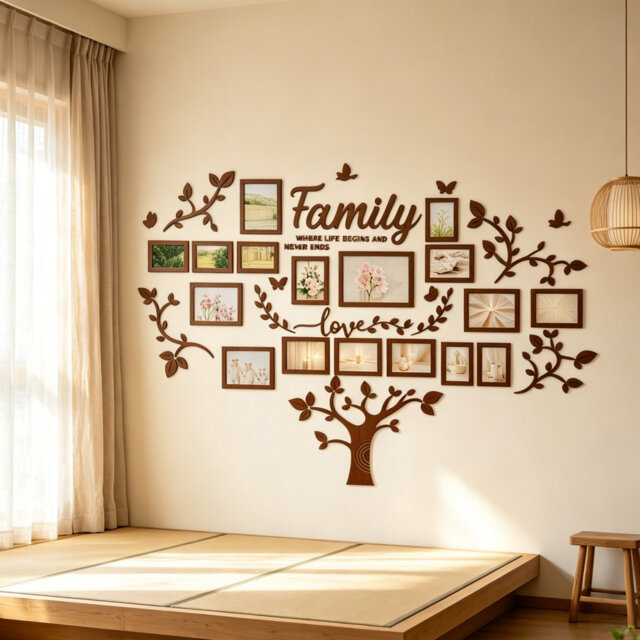207 x 146 cm Family Tree Photo Frame Stickers Brown for Living Room Wall Decorations
