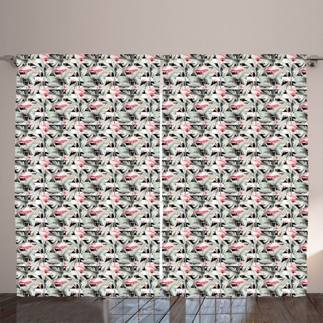 Rustic curtain, flamingo exotic leaves art, tropical, sage green
