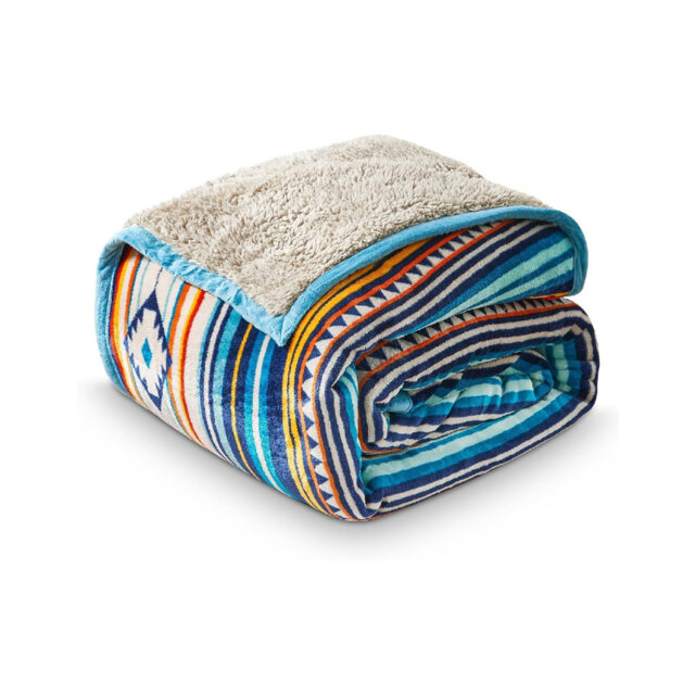 Flannel Fleece Throw Blanket Bohemian Blue Stripe Pattern Reversible Sherpa Fleece Throws (220x240cm)
