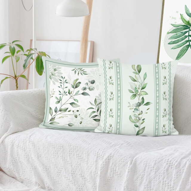 Green Leaves Cushion Covers 45 X 45 Cm Eucalyptus Leaf Dahlia Decorative Throw Pillow Covers For Sofa Couch Bed Home Garden Patio Decor Set Of 2