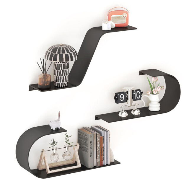 Set Of 3 Modern Metal Floating Wall Shelves, Large Wall Mounted Storage Shelves For Bedroom, Living Room & Bathroom