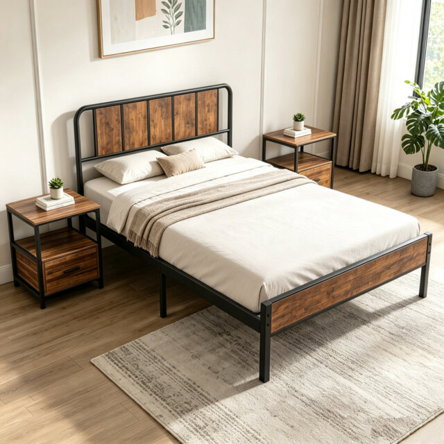 3 Piece Bedroom Set, Industrial Bed Frame with 2 Nightstands Set, Metal Platform Bed with Wood Headboard & Footboard, Farmhouse Bedroom Furniture Set
