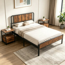 3 Piece Bedroom Set, Industrial Bed Frame with 2 Nightstands Set, Metal Platform Bed with Wood Headboard & Footboard, Farmhouse Bedroom Furniture Set