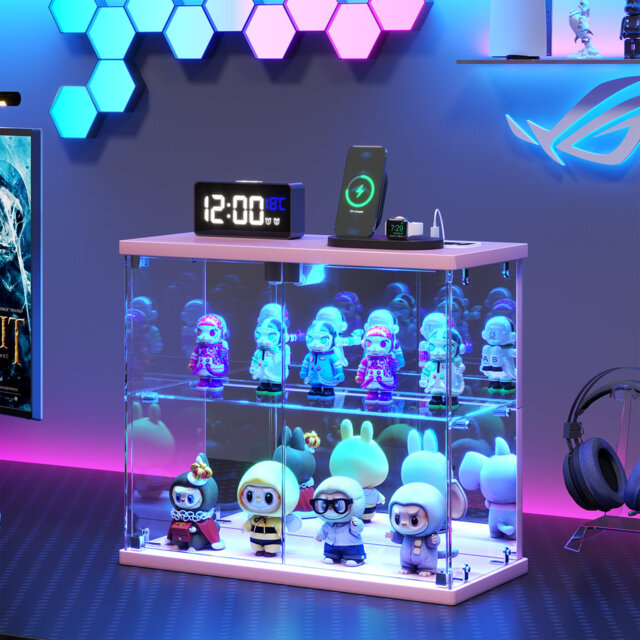 2-Tier Mini Display Cabinet with LED Lights, Charging Station
