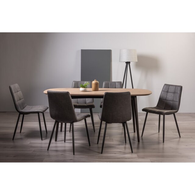 Weathered Oak & Peppercorn 6 Seater Dining Table-&-6-Upholstered Tapered Back Chair With Square Stitched Pattern & Sand Black Finish Petrol Blue Velve