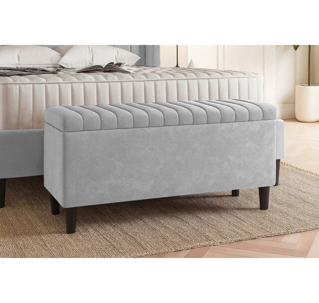 Plush Velvet Lined Upholstered Ottoman Storage Box with Wooden Legs