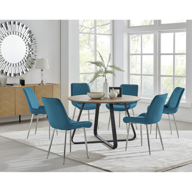 Sandy Classic Wood Effect & Metal Dining Table Set with 6 Luxury Velvet Dining Chairs