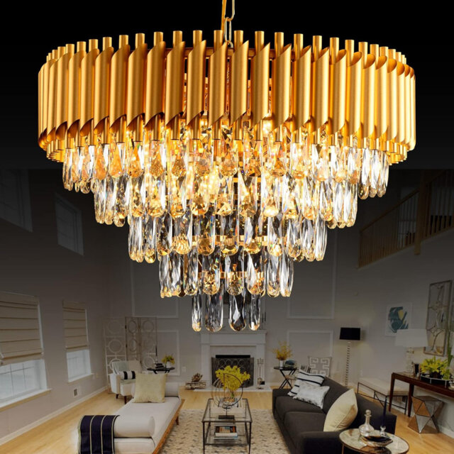"23.6"" Modern Gold Round Tiered Crystal Chandelier, E14 Base (Bulb Not Included)"