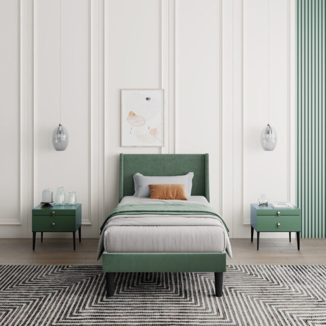 3FT Single Velvet Upholstered Bed with Winged Headboard, Dark Green, Wood Slat Support – Stylish and Comfortable Design for Small Spaces