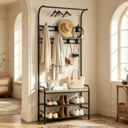 Vintage Industrial 4-in-1 Entryway Hall Tree, Heavy-Duty Steel Coat & Shoe Rack Organizer with Multi-Tier Shoe Shelves, Wooden Shelf & Multiple Hangin