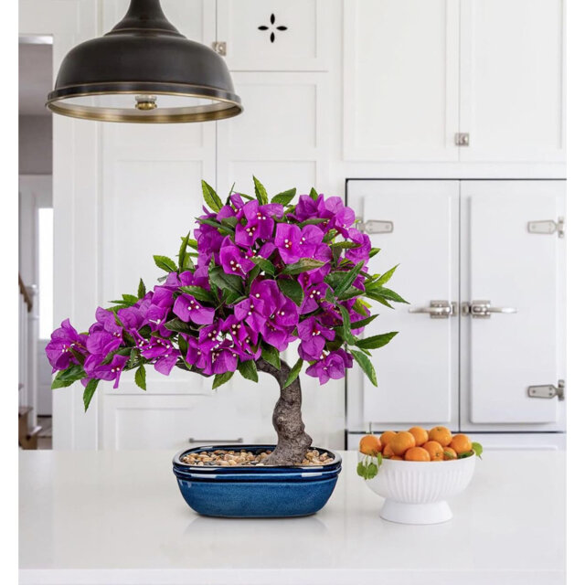 "18.5"" Artificial Bougainvillea Bonsai, Purple Silk Plant in Blue Pot for Home & Desk Decor"