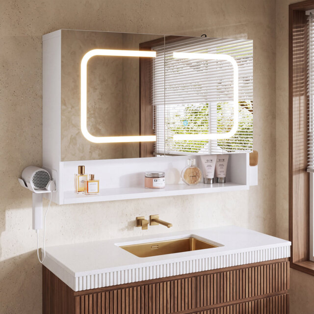 Bathroom Mirror Cabinet, Wall-Mounted Bathroom Vanity Cabinet with Backlit Anti-Fog LED Mirror