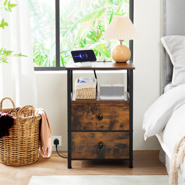 Bedside Table with Charging Station, Bedside Cabinet Set of 2, Side Table with 2 Fabric Storage Drawers, Nightstand for Small Spaces, Sofa Side Table