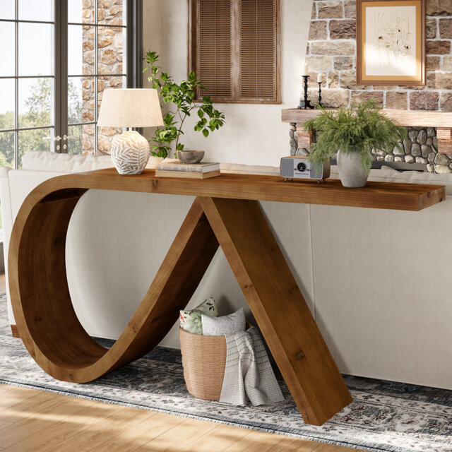 "Solid Wood Console Table, 57"" Long Farmhouse Entryway Table for Living Room, Hallway, Entrance, Foyer, Behind Couch, Walnut Brown"