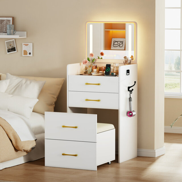 Dressing Table with Motion Sensor lighting, Charging Socket, Foldable Cosmetic Mirror and Stool