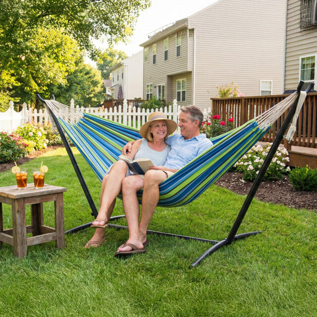 Double Canvas Hammock with Steel Stand with Storage Bag for Indoor/Outdoor Garden, Patio, Deck, Yard & Balcony, Blue