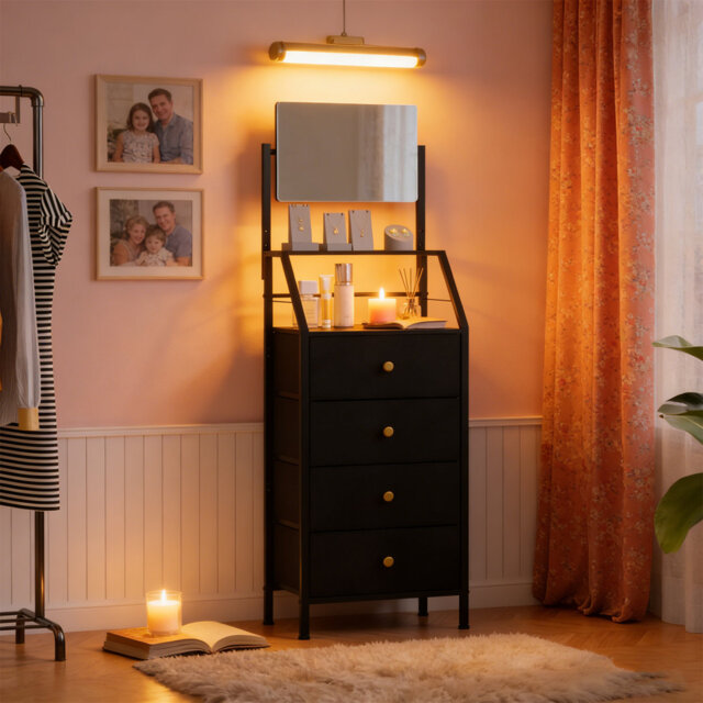 Chest Of Drawers With Mirror And 4 Fabric Drawers, Wood Top, 2-In-1 Tall Chest Of Drawers For Clothes, Dresser For Bedroom, Hallway, Livingroom