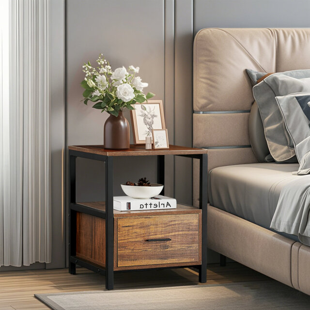 Bedside Table with 1 Drawers, Modern End Side Table with Storage Shelves, Metal Frame Nightstand for Bedroom, Living Room