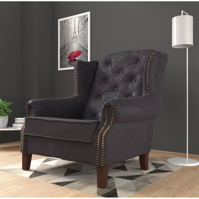 Chesterfield Wingback Armchair with Quilting And Wooden Legs Made of Luxury Microfibre Vintage Look